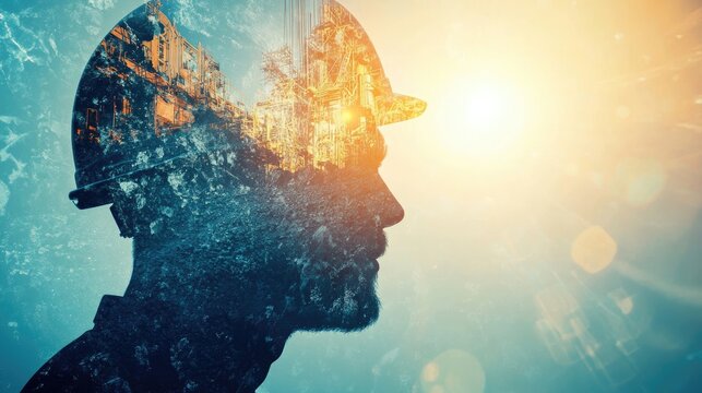 Mine coal industry, miner engineering project devotion with double exposure design. Blue color background with sunlight, mining industrial