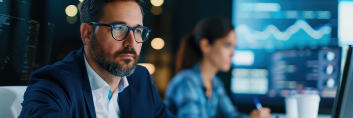 A focused man in glasses works at a computer, analyzing data alongside a woman in a business environment filled with screens and digital graphics.