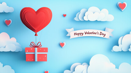 A whimsical paper art-style illustration of a gift box tied with a string, a bright red heart-shaped balloon lifting it into the sky. 