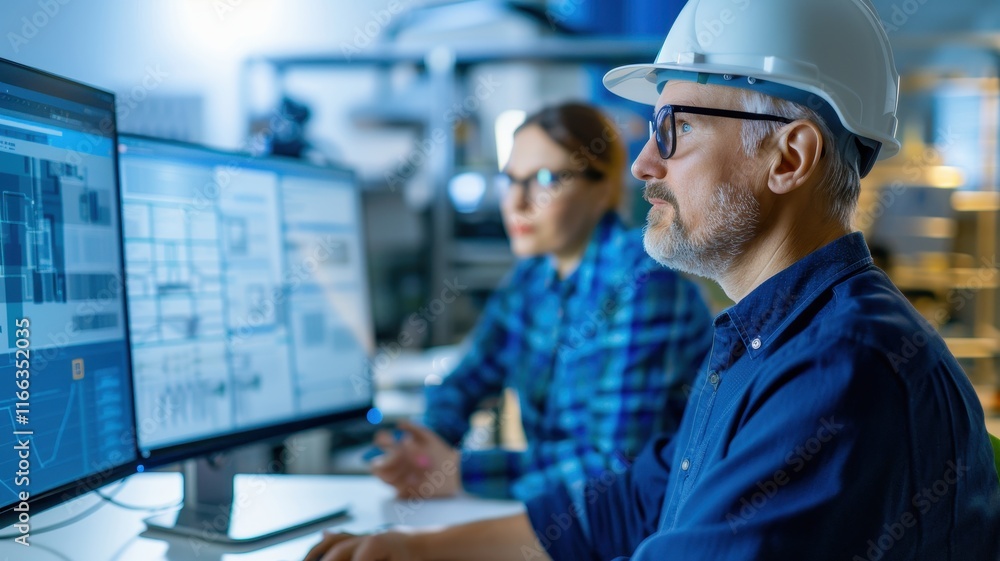 Poster a focused engineer and colleague analyze data on computer screens in a modern industrial setting.
