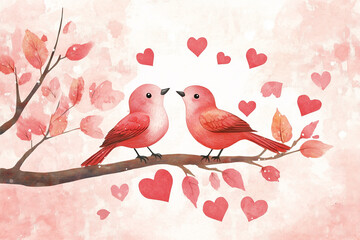 A whimsical Valentine's Day card illustration, featuring two adorable lovebirds on a blossoming cherry tree branch, heart-shaped leaves falling around them.