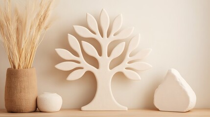 Neutral Decor Featuring Wooden Tree And Dried Flowers