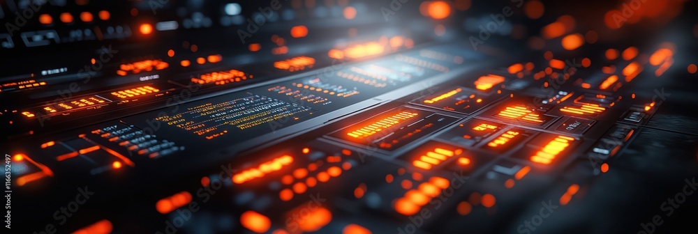 Poster futuristic digital interface: glowing orange panels and data streams