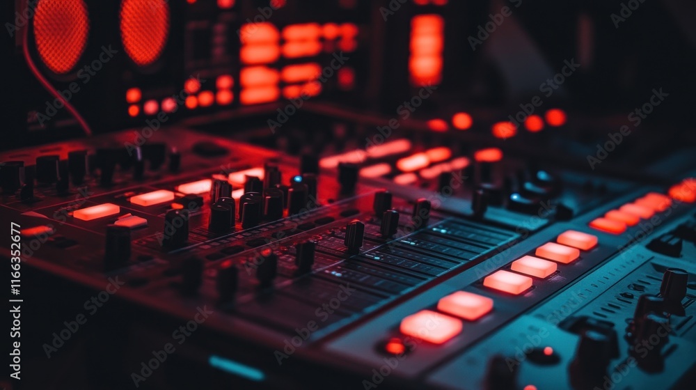 Poster close-up of illuminated music mixer with knobs and buttons in a dark setting.