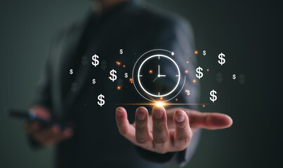 Businessman show virtual icon of clock and money for business time management. Work planning increases efficiency and reduces work time. Time is money concept.