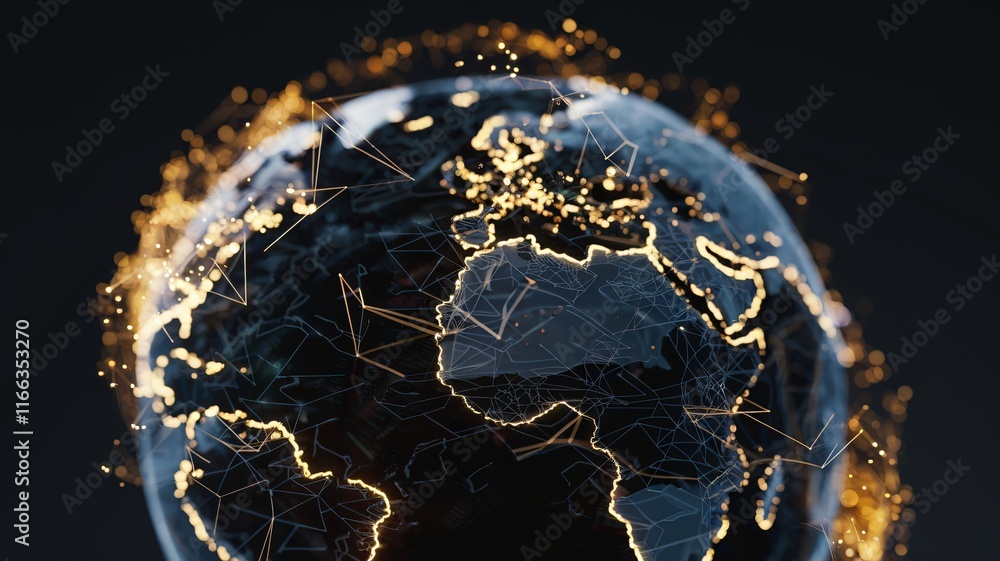 Wall mural a 3d render of earth as a sphere, enveloped in a network of glowing golden lines and points of light