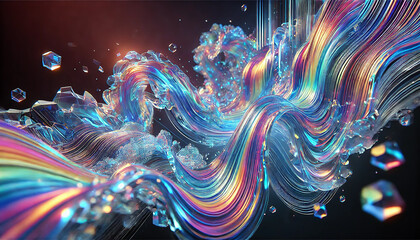 wave liquid, holographic, crystal, 3d, three-dimensional, hologram. A mesmerizing 3D holographic wave made of liquid crystal textures, showcasing a dynamic blend of iridescent and translucent colors.