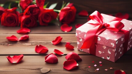 Romantic Valentine's Day Gift Box with Roses and Ribbon on Wooden Table, Love Token Surrounded by Petals, High-Resolution, Rich Colors, Detailed Texture