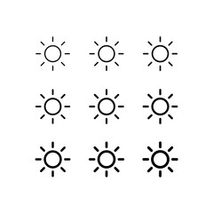 Sun, brightness line icon set. Simple outline style. Shine, warm, web, pictogram, sunlight, heat, symbol, weather, intensity setting concept. Vector illustration isolated. SVG