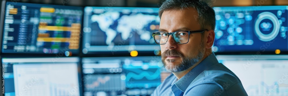 Poster a focused professional analyzes data on multiple screens in a high-tech environment, showcasing expe
