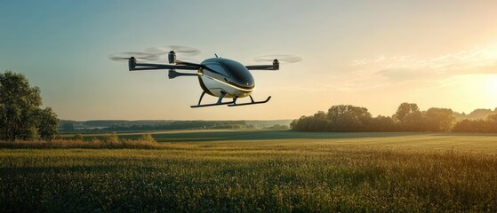 Electric Air taxi drone, eVTOL flying high over a rural region at sunset. Rural Air Mobility, concept of future transportation in the country