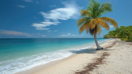 Obraz premium Serene beach scene with palm tree and calm waters.
