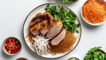 Grilled Pork Bun with Vermicelli Noodles and Fresh Herbs on White Plate