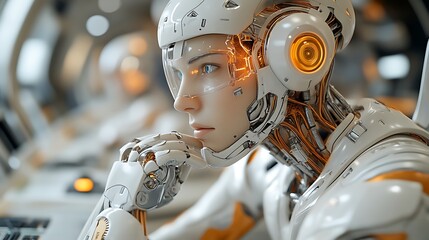 Thoughtful female robot in futuristic setting.