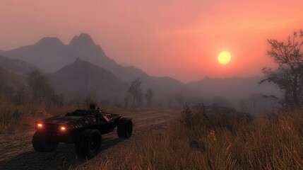 Fototapeta premium Off-road vehicle driving on a dirt road at sunset, mountainous landscape.