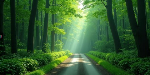 Obraz premium Forest Path: A sunlit path winds through a verdant forest, sunlight streaming through the canopy, creating a sense of peace and tranquility. The path invites exploration and adventure.