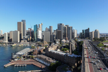 Naklejka premium Sydney, Australia - September 2010. City Skyline at Circular Quay, Sydney, Australia. View from the Pylon Lookout located the southern eastern end of the Sydney Harbour Bridge.