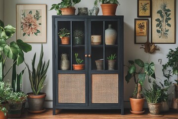 Sleek black cabinet with rattan doors on wooden floor, surrounded by home decor items like vases, plants, and artwork, in a photorealistic style.