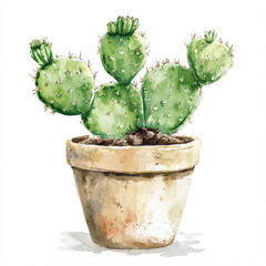 A Watercolor style depiction of cute opuntia cactus in pot, showcasing its vibrant green color and unique shape