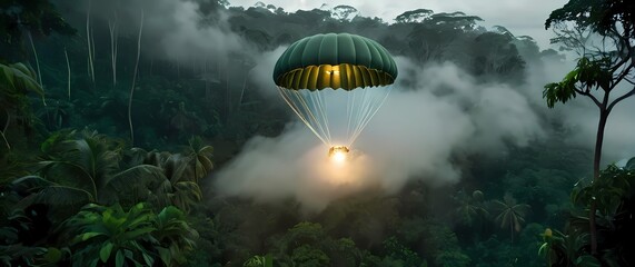 Obraz premium A military supply drop being deployed over a dense jungle with parachutes billowing against the green canopy. Extremely detailed high resolution illustration.