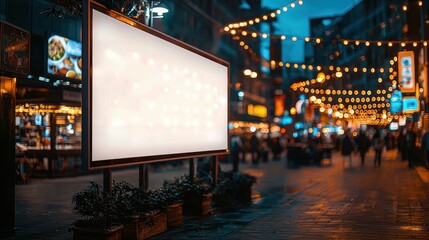 Empty billboard in a bustling evening street.