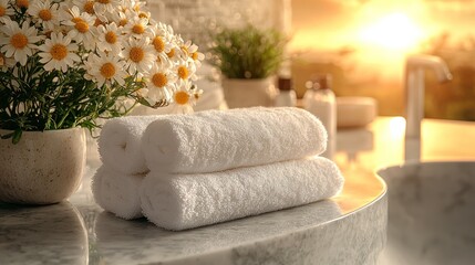 Soft towels beside flowers and sunset ambiance.