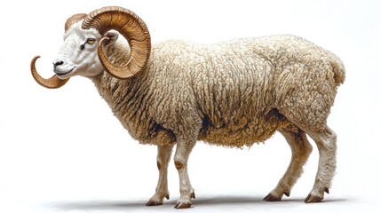 Fototapeta premium A sheep with prominent curled horns stands proudly.