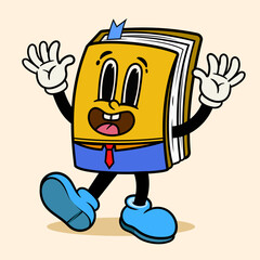 Happy Mascot yellow Book cartoon startled pose character in vintage retro style on background