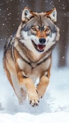 Obraz premium A wolf running through the snow, showcasing its strength and agility in a winter landscape.