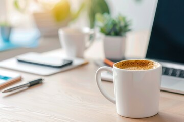 A cozy workspace featuring a cup of coffee, laptop, and greenery, ideal for productivity and relaxation.