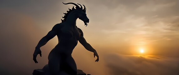 A giant statue of a mythical creature silhouetted by the setting sun surrounded by a swirling mist