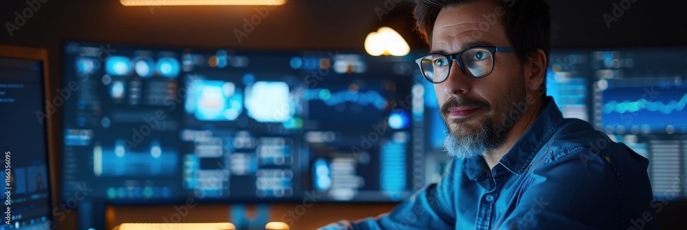 Poster a focused professional analyzes data on multiple screens in a high-tech workspace, illuminated by bl