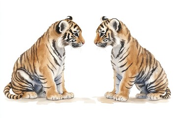 Obraz premium Two adorable tiger cubs facing each other in a playful stance.