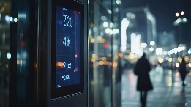 Smart building digital display showing floor, temperature, and occupancy at night.
