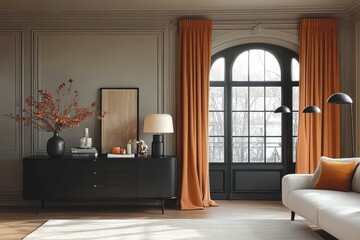 Sleek black wood sideboard with three drawers and two doors, modern living room setting with white sofa, orange curtains, floor lamp, vase, books, and decorative sculpture.