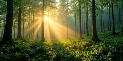 Fototapeta premium Golden Rays Through the Forest: A tranquil scene of a dense forest bathed in the warm glow of sunrise. The sun's rays pierce through the canopy.