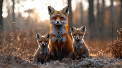 Fototapeta premium A family of foxes in a serene forest setting.