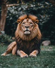 Obraz premium A majestic lion resting on green grass, showcasing its impressive mane and calm demeanor.