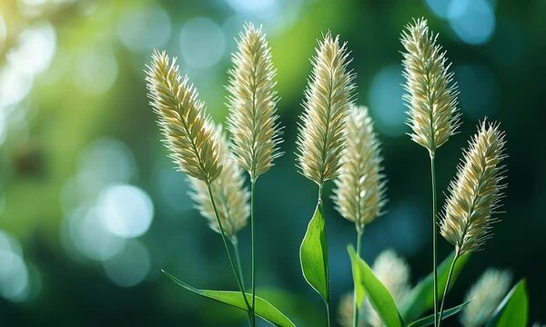 A close-up of tall, fluffy grass stalks against a blurred green background.