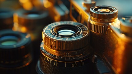Close-up of vintage camera lens, showcasing its intricate details and aged brass.