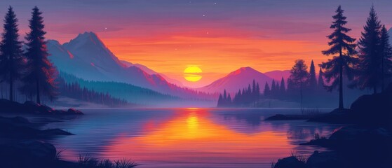 A colorful sunset over a calm lake with mountains and pine trees in the distance