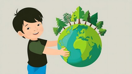 Happy Child Embracing Earth with Trees, Symbolizing Environmental Awareness and Love for Nature in a Colorful Cartoon Style Illustration