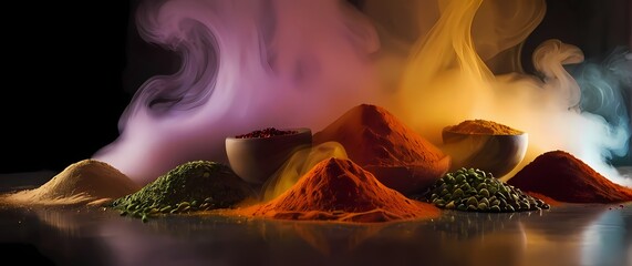 A colorful array of spices artfully arranged capturing the essence of culinary exploration