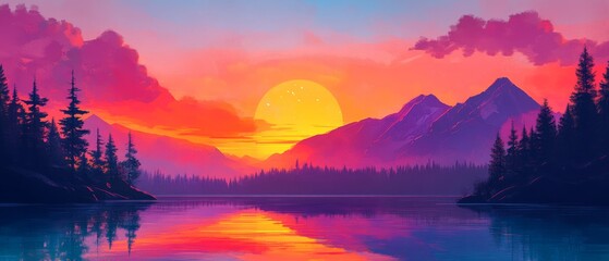 A colorful sunset over a calm lake with mountains and pine trees in the distance