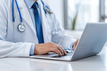 A healthcare professional in a white coat uses a laptop, focusing on digital tasks in a modern medical environment.