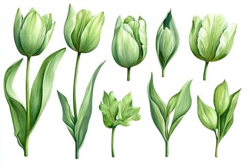 A collection of various green tulips and leaves illustrated in detail.