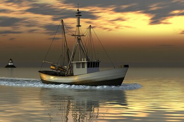 Fototapeta premium A fishing boat navigating calm waters at sunset, with a lighthouse in the background.