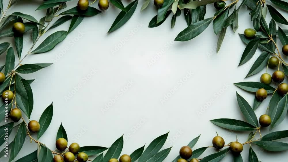 Poster olive branches with green olives arranged in an elegant circular pattern on a neutral background