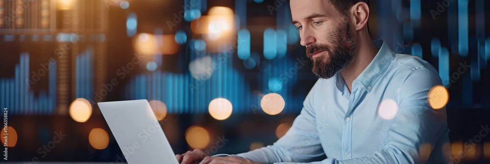 Poster a focused man works on a laptop in a modern, illuminated setting, surrounded by digital graphs and s