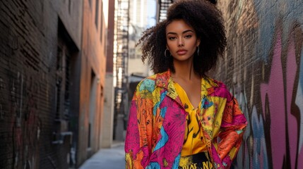 Fototapeta premium A confident model showcases a bold and colorful outfit in a narrow urban alleyway, exuding flair and modern style